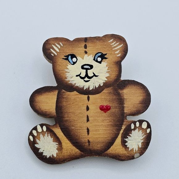 Teddy Bear Brooch Vintage Hand Painted Wood Red Heart Holiday Faux Stitch Pin - Picture 1 of 5